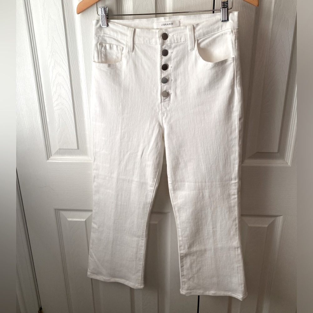 J BRAND Lillie Blanc High-Rise Exposed Button Fly Cropped Flare Jeans SZ 29